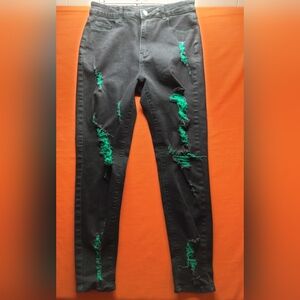 Black Distressed Jeans with Green Accents